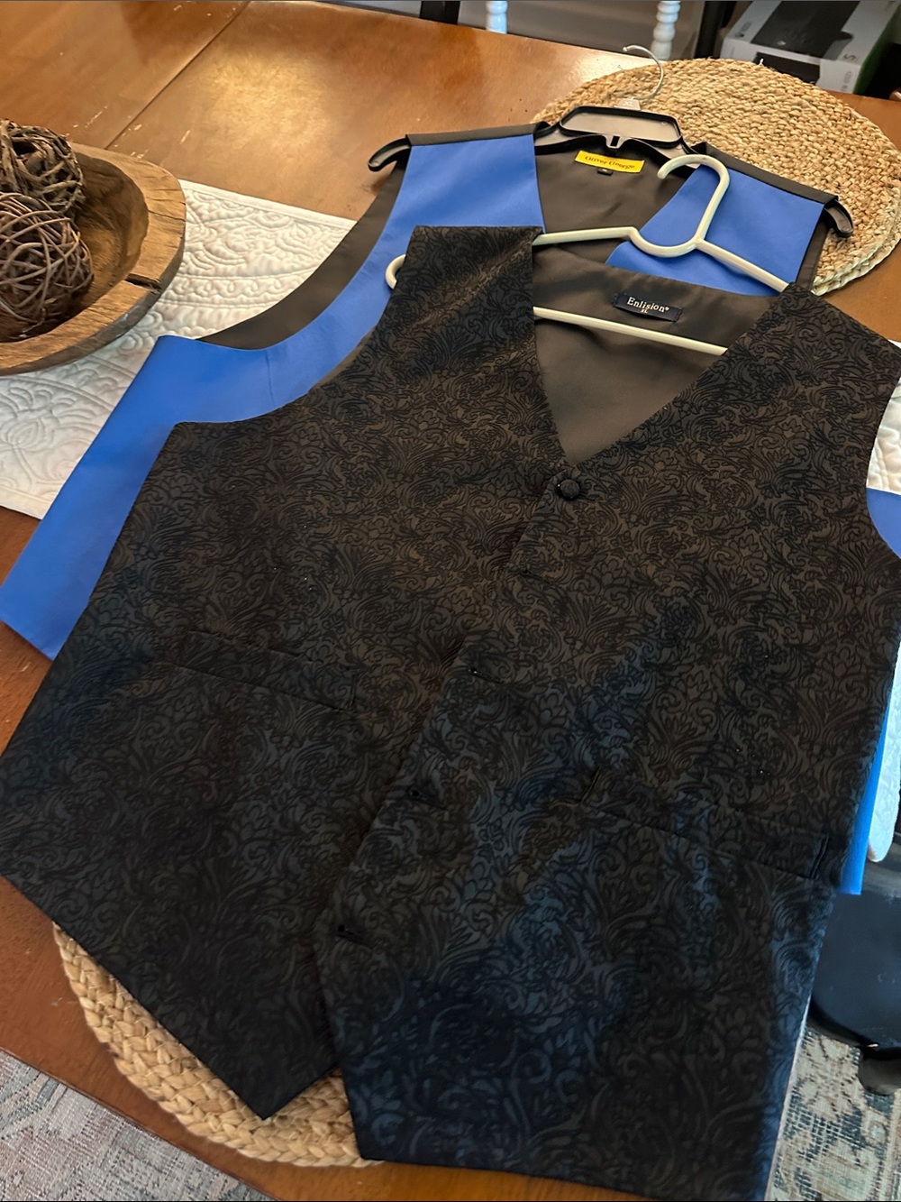 Bundle of two dress/formal vests, one Black textured Vest, one Blue Satin, EC